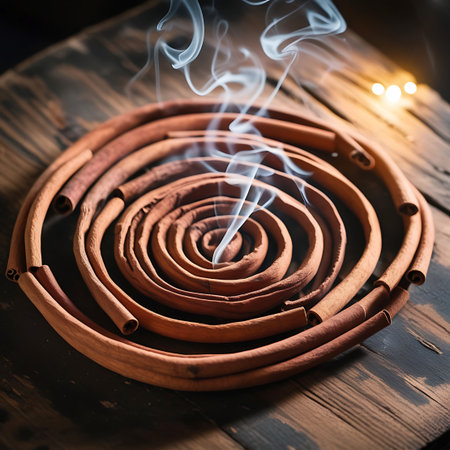 A detailed view of cinnamon sticks coiled into a tight spiral on a dark, weathered wooden surface. Blue-white smoke gracefully curls upwards from the center of the spiral, creating an atmospheric effect. The background is softly blurred with warm, out-of-focus lights, emphasizing the central subject.の素材