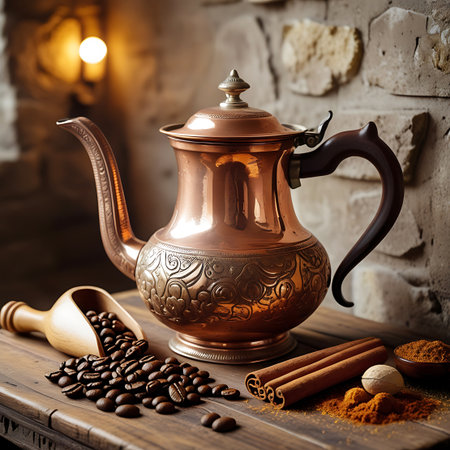 An antique copper coffee pot with ornate engravings sits on a rustic wooden table. A wooden scoop is filled with roasted coffee beans, and cinnamon sticks and nutmeg are scattered nearby. The background features a textured stone wall and warm, diffused lighting, creating a cozy and inviting atmosphere.の素材