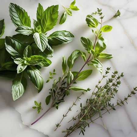 This image showcases an overhead view of various fresh herbs, including basil, mint, and thyme, artfully arranged on a white marble surface. The bright green leaves and delicate thyme sprigs are bathed in natural light, casting soft shadows that add depth. The marble's subtle veining provides a clean and sophisticated backdrop for the vibrant herbs.の素材