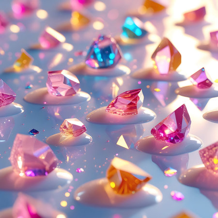 A close-up, macro view of numerous colorful, faceted gemstones scattered across a white surface. The crystals, in shades of pink, blue, yellow, and orange, are illuminated, creating a sparkling and reflective effect with a blurred, bokeh background.の素材