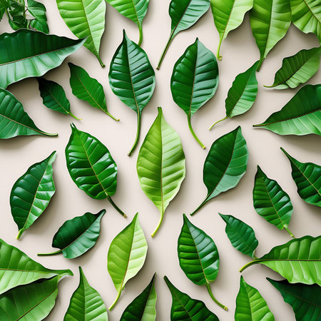 A collection of various green leaves is artfully arranged on a plain, light-colored background. The leaves display different shapes, sizes, and vein patterns, showcasing the diversity of plant life. The lighting highlights the natural textures and vibrant green hues of the foliage, creating a fresh and organic aesthetic.の素材