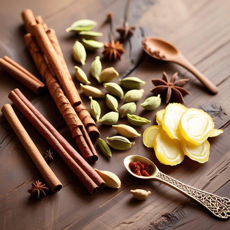 A still life arrangement of various spices on a rustic wooden surface. Cinnamon sticks are prominent, alongside green cardamom pods, star anise, and thinly sliced ginger. A small golden spoon holds a pinch of red spice, and another wooden spoon rests nearby. The lighting casts soft shadows, highlighting the textures and colors of the ingredients.の素材