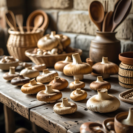 A rustic still life arrangement featuring a variety of fresh mushrooms and wooden kitchen utensils. The mushrooms, in different sizes and shades of brown and white, are displayed on a weathered wooden table. Various wooden spoons, forks, and a basket filled with more mushrooms are also present, along with some pottery and earthenware. The background shows a brick wall, enhancing the rustic and earthy feel of the scene. The lighting is natural, highlighting the textures of the food and materials.の素材