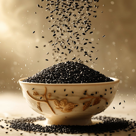 A detailed close-up shows black sesame seeds pouring and scattering into a ceramic bowl adorned with a delicate floral motif. The bowl is filled with a generous pile of the dark seeds, with a continuous flow of seeds falling from above. A scattering of seeds surrounds the base of the bowl on a light-colored, textured surface. The background is softly illuminated and blurred, drawing attention to the seeds and the decorative bowl.の素材