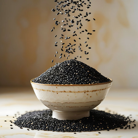 A close-up image captures black sesame seeds in motion, pouring and falling into a decorative ceramic bowl. The bowl, featuring a subtle pattern, is filled with a mound of the dark seeds, and a stream of seeds continues to cascade from above. Additional seeds are scattered around the base of the bowl on a light, textured surface. The background is softly lit and out of focus, highlighting the seeds and bowl.の素材