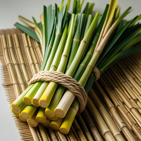 A bundle of fresh green scallions, tied with rough twine, is arranged on a textured bamboo mat. The scallions display vibrant green stalks and leaves, with distinct yellow and white sections at their bases. Another bamboo mat is visible in the background, adding to the natural aesthetic. The image highlights the fresh produce and its preparation.の素材