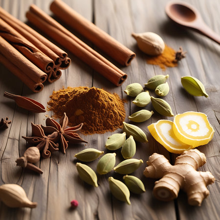 An overhead shot of various spices laid out on a weathered wooden table. Cinnamon sticks, green cardamom pods, star anise, and a piece of fresh ginger root are the main elements. A small pile of ground cinnamon and a few other unidentifiable spices complete the composition. The lighting is natural and highlights the textures.の素材