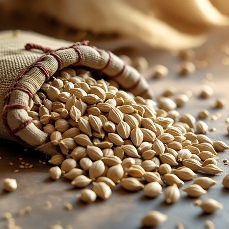 A close-up view of a burlap sack tilted on its side, spilling a generous amount of light brown grains or seeds onto a textured, rustic surface, possibly wood. The grains are scattered in a pile and individually across the surface, with warm, directional light highlighting the textures.の素材