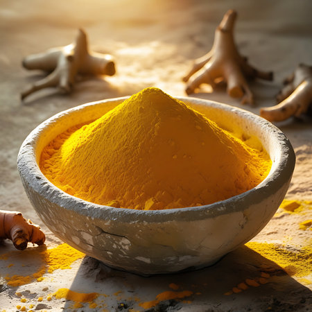 A rustic stone bowl is filled with a generous mound of vibrant yellow turmeric powder. Several turmeric roots are scattered around the bowl and on the textured surface. Warm sunlight streams in from the side, casting long shadows and highlighting the powdery texture.の素材