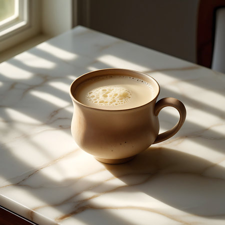 A close-up view of a light brown ceramic mug filled with coffee, topped with a delicate layer of froth. The mug sits on a marble tabletop, where sunlight streams through a window, casting a distinctive striped shadow pattern. The scene evokes a sense of warmth, comfort, and a quiet morning moment.の素材