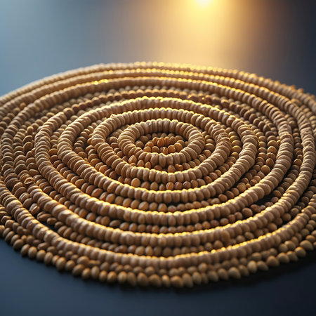 A close-up, overhead view of small, light brown seeds arranged in perfect concentric circles, forming a spiral pattern. The seeds are uniform in size and color, creating a visually pleasing and textured circular design. A warm, bright light source illuminates the arrangement from above, casting soft shadows.の素材