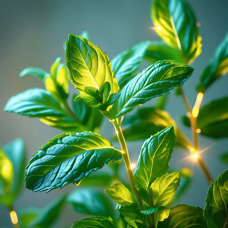 A close-up view of vibrant green mint leaves is captured with soft backlighting. The light illuminates the delicate veins and textured surface of the leaves, creating a luminous glow. The focus is sharp on the foreground leaves, while the background is softly blurred, emphasizing the freshness and natural beauty of the herb.の素材