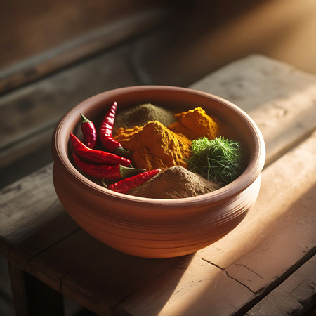 A close-up shot of a clay bowl filled with a colorful array of spices, resting on a wooden surface. The bowl contains bright red chilies, mounds of golden turmeric powder, and a pile of dark brown spice powder. A small bunch of green herbs adds a contrasting color. The warm, natural light highlights the textures and rich colors of the spices, suggesting a flavorful culinary experience.の素材