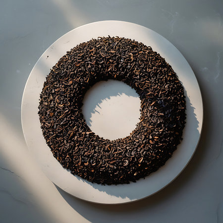 A circular mound of loose black tea leaves is presented on a clean white plate. The dark brown, dried leaves are tightly packed, forming a textured ring. Sunlight casts a distinct shadow across the plate and the tea, creating a dramatic effect. The image is shot from directly above, focusing on the texture and form of the tea.の素材