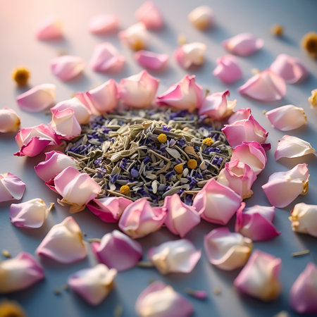 A detailed overhead shot showcases a circular arrangement of pink rose petals framing a central mound of dried herbs and lavender. Numerous loose rose petals are scattered across the pale surface, enhancing the overall delicate and airy feel. The soft lighting accentuates the textures and colors of the natural elements.の素材