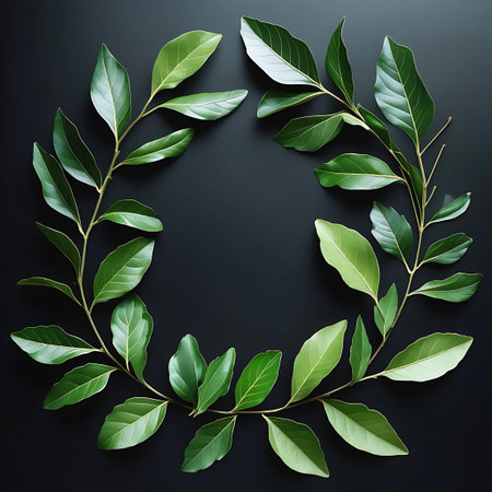 A circular wreath constructed from lush green leaves and delicate branches is presented against a deep black background. The arrangement is viewed from a top-down perspective, emphasizing the organic shape and the contrast between the vibrant green foliage and the dark backdrop.の素材