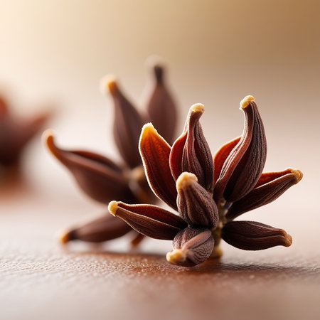 A detailed macro shot focuses on a single star anise pod, showcasing its intricate, star-like structure with eight pointed segments. The deep brown, dried spice has a textured surface and a slightly glossy sheen. The background is softly blurred, creating a warm bokeh effect with shades of beige and brown, highlighting the central subject.の素材