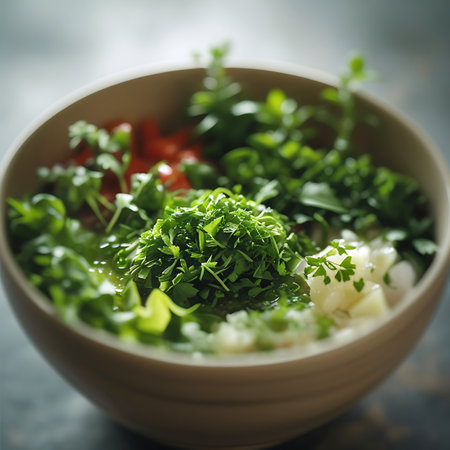 An extreme close-up of a light-colored bowl filled with a liquid base, topped with a generous portion of finely chopped fresh green herbs, likely parsley or cilantro. Visible within the bowl are small pieces of red tomato and white diced ingredients, possibly potatoes or onions. The focus is sharp on the herbs, with the rest of the bowl and background softly blurred.の素材