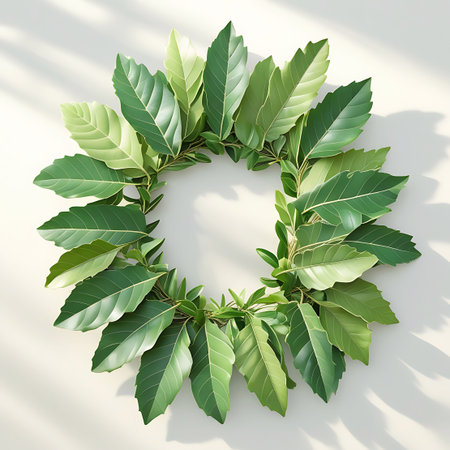 A circular wreath formed from numerous fresh green leaves and small branches is presented against a clean white background. The arrangement is viewed from directly above, with subtle shadows cast by the leaves, creating a sense of depth and texture.の素材