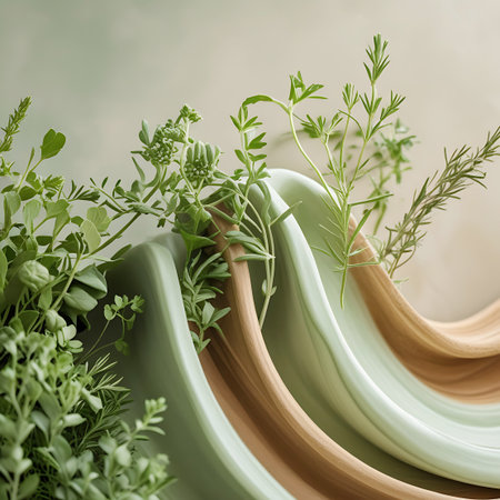 A close-up view showcases an arrangement of fresh green herbs and plants nestled within layered, organic shapes. The composition features a variety of leafy textures and delicate stems, with the shapes appearing in soft pastel tones of green and brown. The focus is on the natural beauty and intricate details of the foliage.の素材