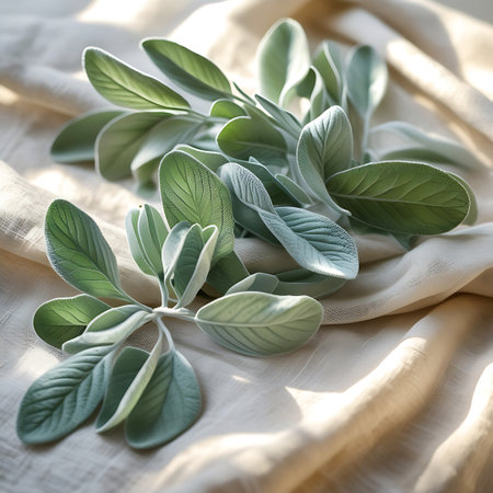 A close-up view of sage herb sprigs with their fuzzy, pale green leaves is presented on a textured beige fabric. The fabric is loosely draped, creating depth and visual interest. Sunlight streams in from the side, casting soft shadows and highlighting the delicate veins and fuzzy texture of the sage leaves.の素材