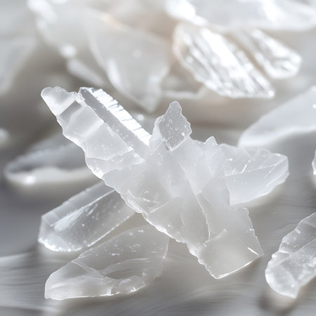 A close-up view of several translucent white crystalline structures scattered across a light, textured surface. The crystals exhibit sharp edges and faceted surfaces, with light refracting through them, creating a bright and delicate appearance. Some pieces are larger and more complex, resembling natural mineral formations, while others are smaller shards. The shallow depth of field blurs the background, emphasizing the intricate details of the foreground crystals.の素材