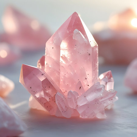 This image presents a detailed close-up of a pink rose quartz crystal. The crystal exhibits sharp, well-defined facets and a translucent quality, allowing light to penetrate and create a soft, internal glow. Small dark specks are visible within the crystal structure. The background is softly blurred with warm light, creating a gentle and inviting aesthetic.の素材
