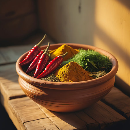 A rustic clay bowl sits on a wooden surface, filled with a vibrant assortment of spices and ingredients. Three bright red chilies are arranged prominently, alongside mounds of golden turmeric powder and a cluster of fresh green herbs. The lighting is warm and directional, casting shadows and highlighting the textures of the ingredients and the pottery.の素材
