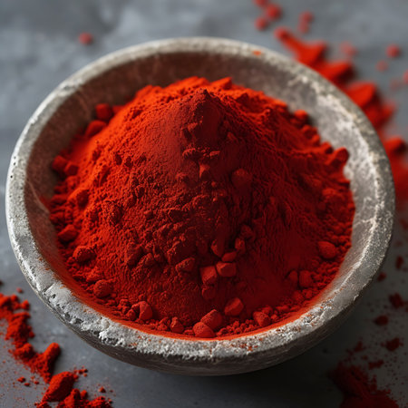 A close-up shot focuses on a rustic, grey earthenware bowl overflowing with bright red paprika powder. The powder is piled high, creating a textured mound with visible small clumps. Some paprika is scattered around the rim of the bowl and on the dark, textured surface beneath, emphasizing the rich color and fine texture of the spice.の素材