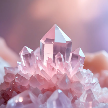 An extreme close-up of a vibrant pink amethyst crystal cluster. The image focuses on the intricate details of numerous faceted points and smaller granular formations. The crystals exhibit a rich pink color with hints of purple, illuminated by soft, diffused light that creates a glowing effect. The background is blurred with soft bokeh, emphasizing the texture and form of the crystals.の素材