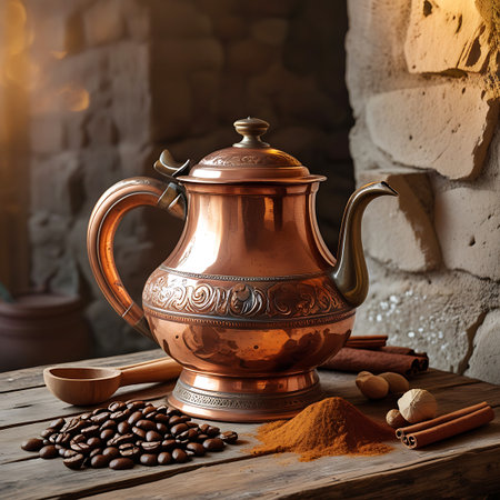 An antique, ornate copper teapot sits on a rustic wooden table. Next to it, a pile of dark roasted coffee beans is gathered with a wooden spoon. Several cinnamon sticks and a whole nutmeg are also present, along with a small mound of ground spice. The background features rough stone walls, adding to the vintage and warm atmosphere.の素材