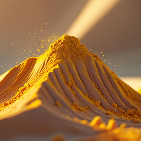 An abstract representation of a mountain peak formed from fine yellow powder. The surface displays rippling textures and is dusted with smaller, scattered particles, suggesting a dynamic and granular landscape. Soft, directional light creates highlights and shadows, emphasizing the contours and the vibrant golden hue of the material.の素材