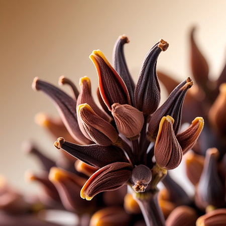 A detailed macro shot focusing on a cluster of brown seed pods with vibrant yellow edges. The seed pods are elongated and pointed, with visible texture and a slightly curved shape. They are attached to a dark stem, and the background is softly blurred, emphasizing the intricate details of the botanical elements.の素材