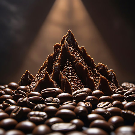 A detailed macro shot of a mountain-shaped peak constructed from dark chocolate that has been textured to resemble coffee beans. The peak is dramatically lit by a spotlight from above, creating highlights and deep shadows. The base of the mountain is formed by a dense collection of whole, roasted coffee beans, creating a contrast in texture and color. The background is a dark, blurred gradient.の素材