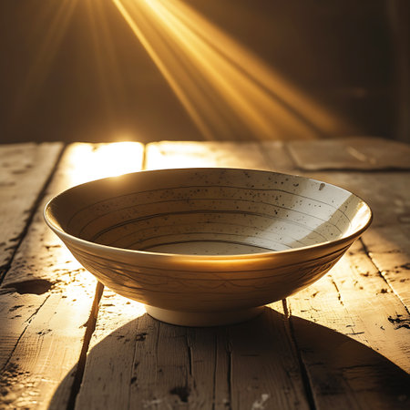 A ceramic bowl with subtle decorative lines and speckles rests on a rustic wooden table. Dramatic rays of golden sunlight stream across the scene, casting long shadows and illuminating the textured surface of the wood and the bowl. The light creates a warm, inviting atmosphere, highlighting the simple beauty of the object and its surroundings.の素材