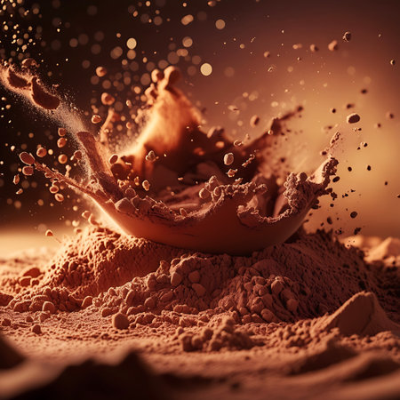 This close-up macro image showcases a dynamic splash of chocolate powder forming an intricate crown shape. Numerous fine particles and droplets are captured mid-air, creating a sense of explosive motion against a warm, softly lit background, emphasizing the rich texture of the cocoa.の素材