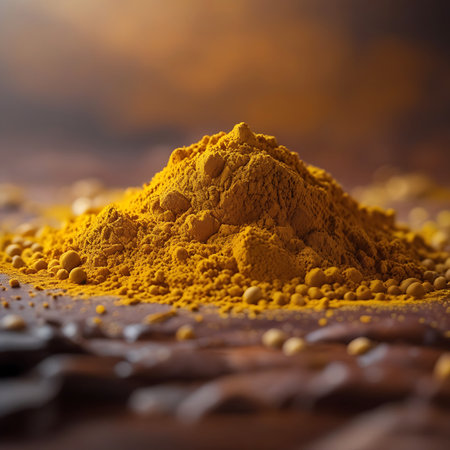 This image provides an extreme close-up of a pile of vibrant yellow turmeric powder. The texture of the finely ground spice is clearly visible, with small, irregular granules scattered throughout. The warm, golden hue of the turmeric dominates the frame, highlighting its natural richness and potential use as a culinary ingredient.の素材