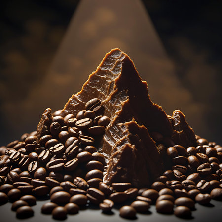This image features a mountain-like formation with a peak made of smooth, dark brown chocolate, surrounded by a base of roasted coffee beans. A strong spotlight shines from above, casting dramatic light and shadow across the chocolate peak and the coffee beans. The focus is sharp on the central elements, with a dark, softly blurred background.の素材