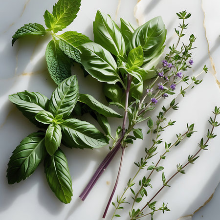 An overhead perspective displays a collection of fresh culinary herbs, featuring basil, mint, and thyme, laid out on a white marble surface. The thyme sprigs are adorned with small purple flowers, adding a delicate color contrast to the lush green leaves of the basil and mint. Soft lighting creates gentle shadows, emphasizing the natural beauty of the ingredients.の素材
