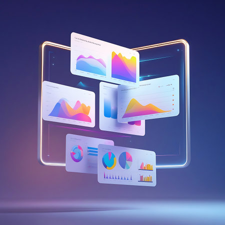 Frame. showing digital interface displaying colorful business charts and graphs keywords: business, finance, data, analytics, charts, graphs, statistics, presentation, digital, technology, interface, dashboard, report, infographic, marketing, research, planning, strategy, growth, success, information, visual, colorful, abstract, modern, display, screen, tablet, computer, web, online, performance, trends, analysis, business intelligence, data visualization description: a digital interface...の素材