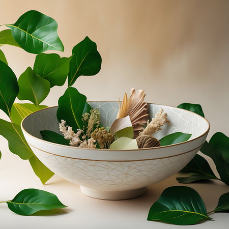 A wide, shallow decorative bowl with a subtle geometric pattern and gold trim is filled with a curated arrangement of vibrant green leaves and various dried botanical elements. The composition includes feathery grasses, fan-shaped dried leaves, and small clusters of seed pods, creating a natural and elegant centerpiece. Lush green leaves spill into the frame from the sides, framing the bowl against a soft, neutral background.の素材