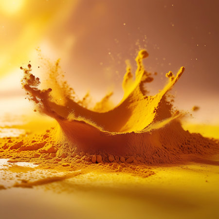 A high-speed capture of a dynamic splash of bright yellow spice powder. The powder erupts upwards, forming an intricate, crown-like shape with delicate tendrils and airborne particles. The background is softly blurred with warm, golden light, creating a sense of energy and movement. The focus is on the texture and form of the exploding powder, highlighting its fine grain and vibrant color.の素材