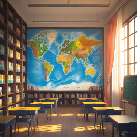 An empty classroom bathed in sunlight streaming through large windows. A large, colorful world map dominates the back wall, flanked by tall bookshelves filled with books. Rows of student desks and chairs are neatly arranged on a polished wooden floor. The scene conveys a sense of readiness for learning and exploration.の素材