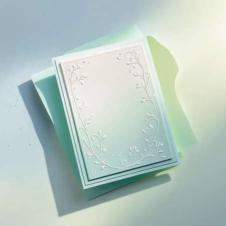 This image showcases an embossed greeting card with a delicate floral border. The card has a soft pastel gradient, transitioning from a pale pink to a light blue-green. The embossed white floral pattern creates a subtle yet elegant design. The card is layered on top of a larger pastel green card, with soft shadows and light creating depth and a gentle ambiance.の素材