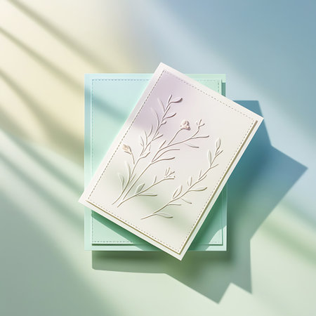 An overhead shot of a cream-colored card with an embossed floral branch design, including small buds. This card is placed on top of a pastel blue square card. The scene is illuminated by soft light, casting subtle shadows that add depth and dimension. The overall aesthetic is clean, delicate, and minimalist, with a focus on the embossed texture and soft pastel hues.の素材
