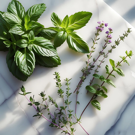 A top-down view of fresh basil and mint leaves arranged with sprigs of thyme on a white marble surface. The vibrant green herbs are illuminated by soft light, creating subtle shadows and highlighting the textures of the leaves and stems. The marble has a subtle veining pattern, adding a touch of elegance to the composition.の素材