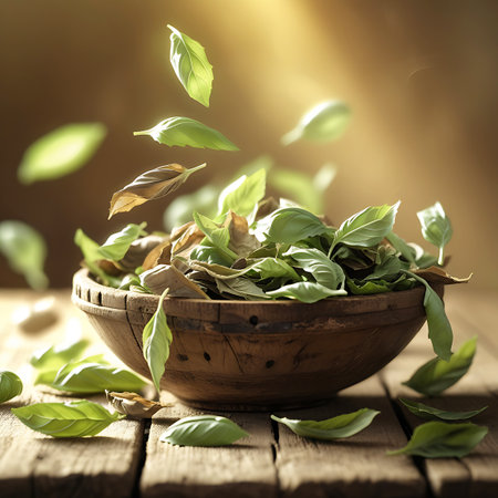 Fresh green basil leaves are captured mid-air as they fall into a rustic wooden bowl filled with more basil. Sunlight streams from the upper right, illuminating the leaves and creating a warm glow against a blurred brown background. Some leaves are brown and dry, contrasting with the vibrant green ones. The scene is set on a wooden surface.の素材