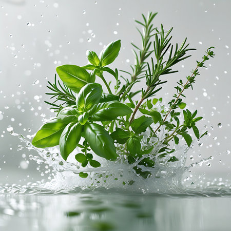 A vibrant bouquet of fresh basil, rosemary, and thyme is captured mid-splash in clear water. Water droplets and splashes surround the lush green leaves, highlighting their freshness and vitality. The composition evokes a sense of purity and natural goodness, perfect for culinary or health-related themes.の素材