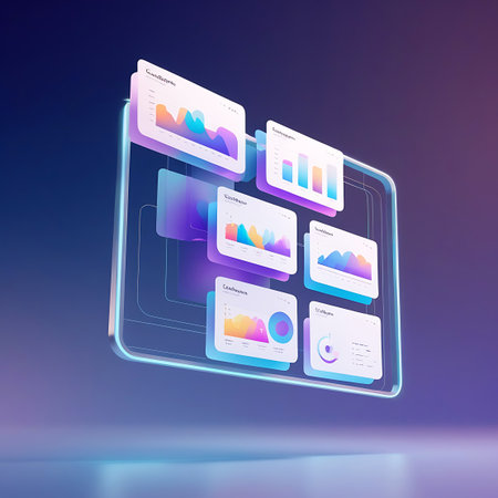 Multiple transparent digital screens are suspended in a layered arrangement, showcasing diverse data visualizations. The screens feature bar charts, line graphs, and pie charts in vibrant colors against a blue and purple gradient background. The overall composition evokes a sense of digital data processing and business intelligence.の素材