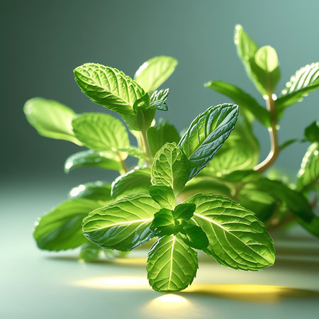 A detailed macro photograph of a fresh mint plant with bright green, translucent leaves. The plant is lit with soft, diffused lighting that accentuates the texture and delicate veins of the leaves. The background is a subtle gradient of green and grey, allowing the plant to stand out. The focus is sharp on the central cluster of leaves and stems, showcasing the plant's natural form and vibrant color.の素材